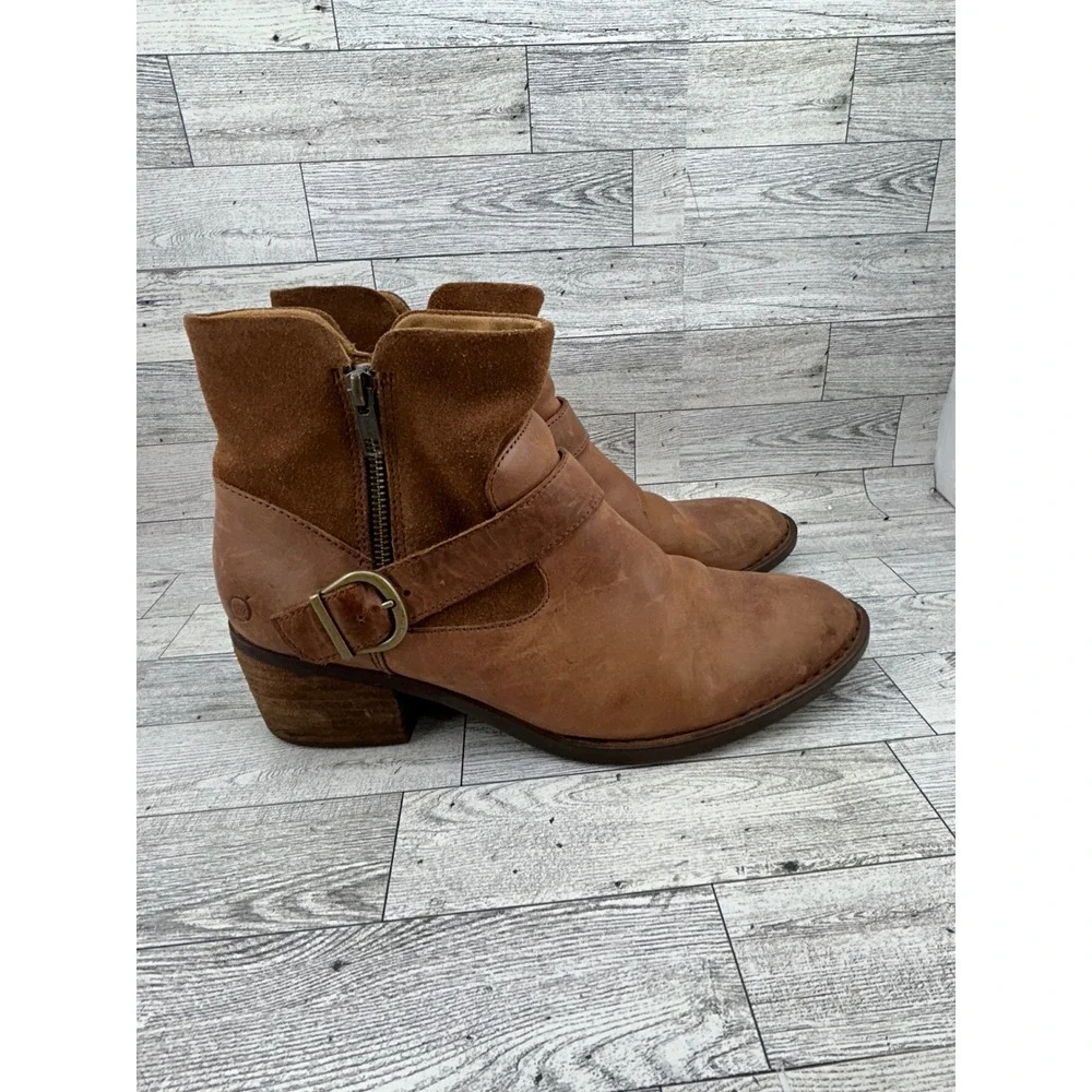 Born Brown Leather Suede Ankle Boots Men 11M F75517‎ Buckle Zip Block Heel